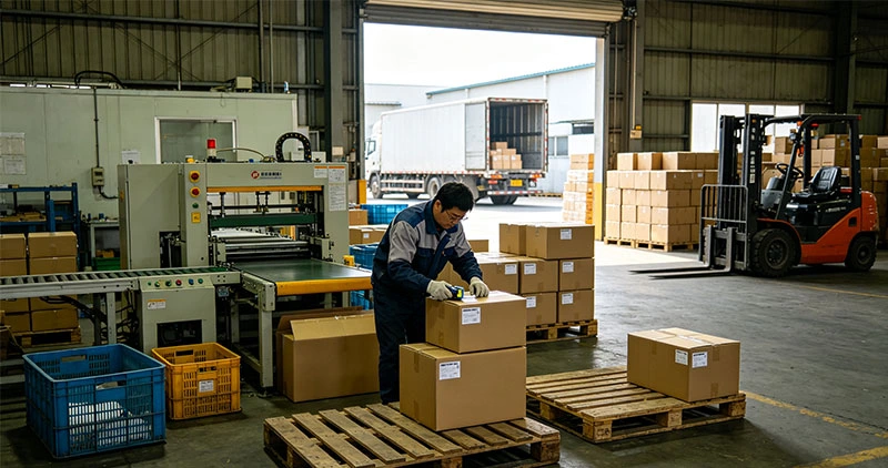 Warehouse staff packing camping goods for Amazon FBA shipment